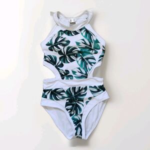 Tropical Leaf Cutout One Piece Swimsuit High Neck Monokini Womens M EUC